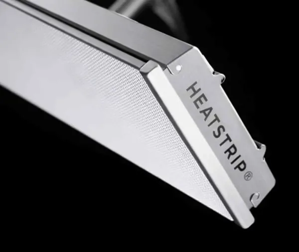 Close-up of a white Heatstrip infrared heater