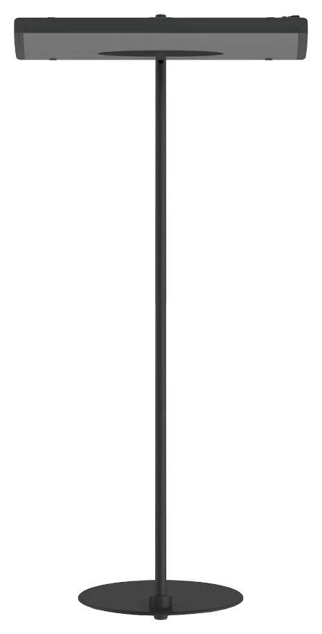 Front view of the sleek black HEATSCOPE STAND for mobile infrared heating solutions.