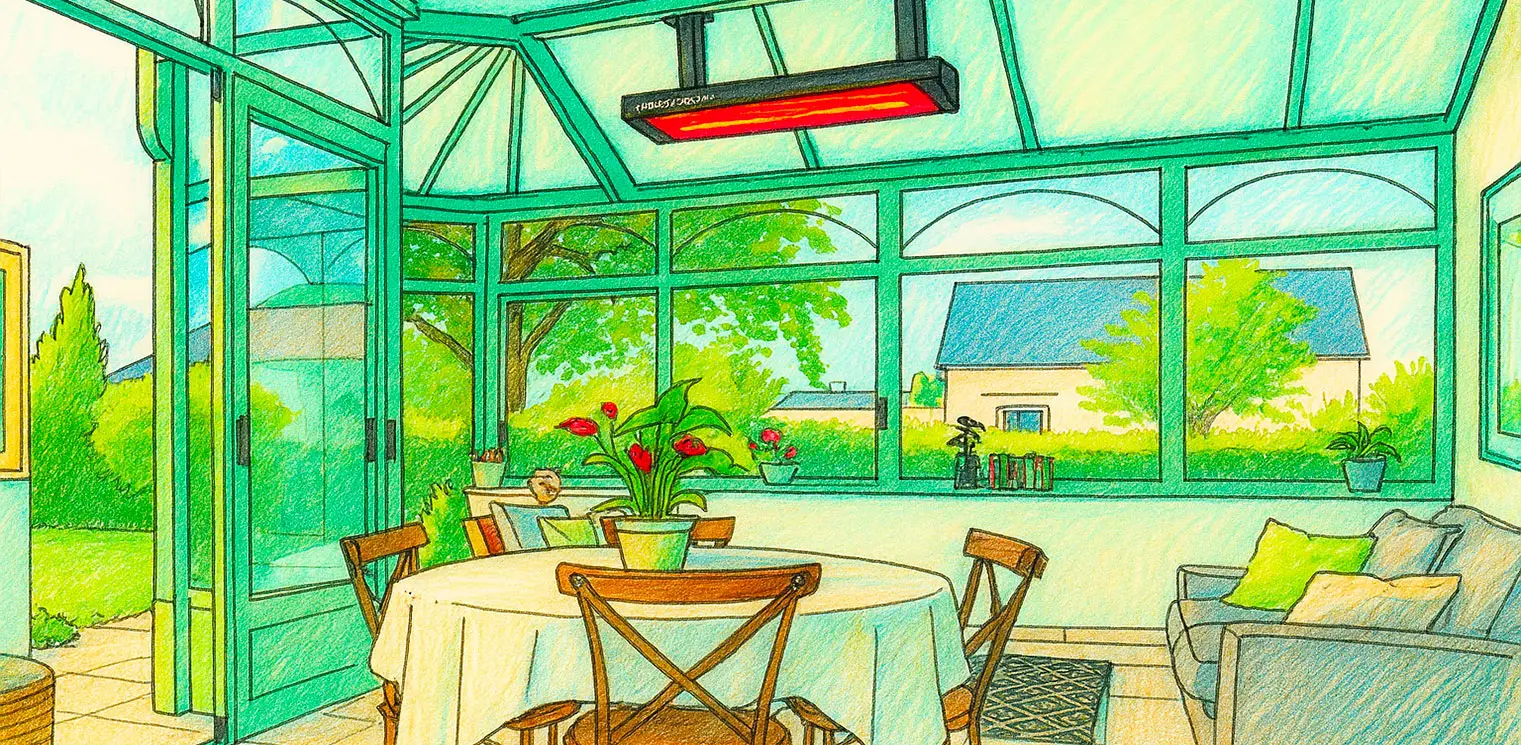 Enjoy gentle and invisible warmth in your conservatory all year round thanks to an efficient radiant heater. Modern, bright conservatory heated by a discreet radiant ceiling system, with a view of a lush green garden. Optimal thermal comfort without condensation.