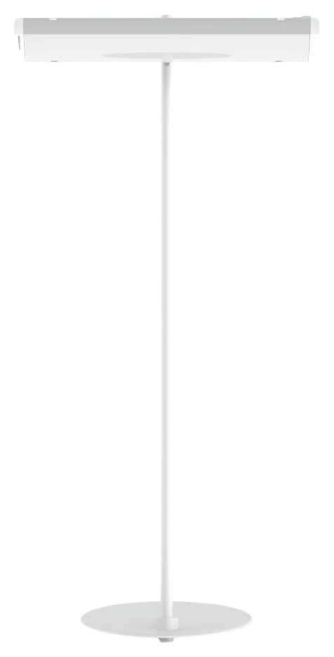 HEATSCOPE STAND Blanco Integración Elegante Silueta frontal del soporte blanco HEATSCOPE STAND para un diseño discreto en exteriores.