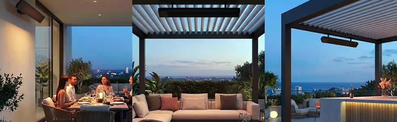 Hochwertiger Infrarot-Heizstrahler in modernem Design, integriert in eine luxuriöse Terrasse.