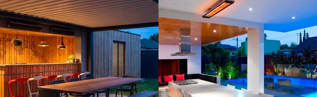 Professionelle Installation eines Infrarot-Außenheizstrahlers mit Montagehöhe und Neigungswinkel.