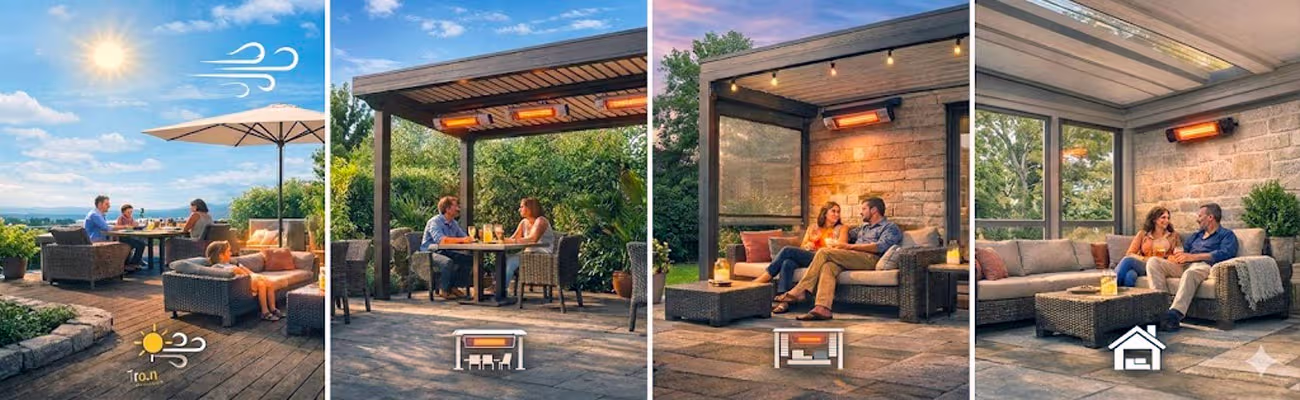 Vergleich von Infrarot-Außenheizungen für offene Terrassen, Pergolen und Wintergärten mit Gartenblick.