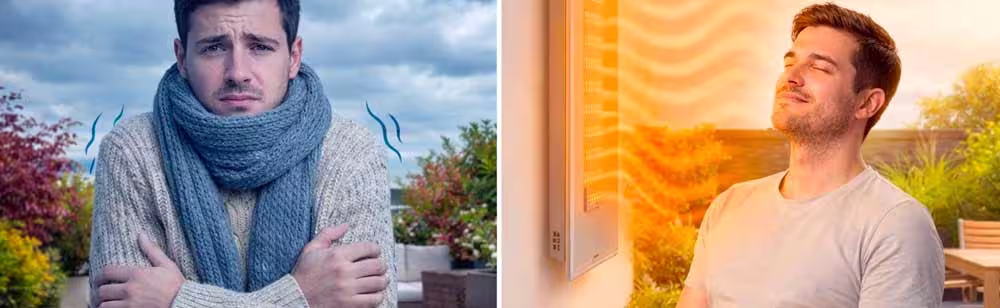 Electric infrared heating and terrace thermal comfort Person feeling warm and comfortable on an outdoor terrace thanks to an electric infrared heater.