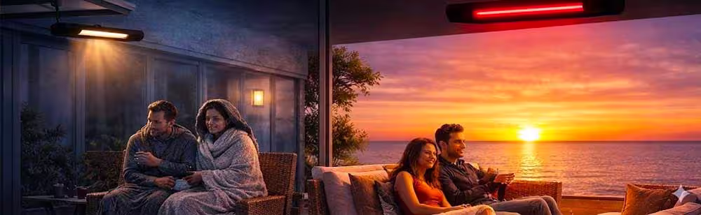 Outdoor infrared heater comparison: couple on a terrace, soft warm light vs red glow at sunset